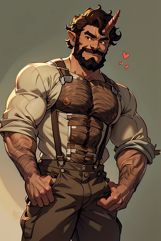 Simgle mature man, (male focus:1.2), muscular, gentle smile, sweet and caring expression (mature man:1.3), (muscular:1.3), orc,0rc, brown skin, (casual:1.4) balance, Straight shot, shirtless, suspenders, one single demon horn on the left side, beard on the chin, messy curled hair