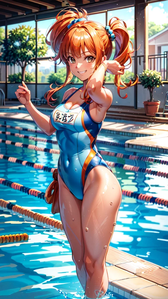 ((Highly detailed CG, anime image, art CG))((Clearly drawn face, cowboy shot))((Smiling face))(Indoor pool), Jessica Albert (Dragon Quest), 1 girl, competitive swimsuit, orange short pigtails, more prisms, vibrant colors, standing pose, full body, glamorous