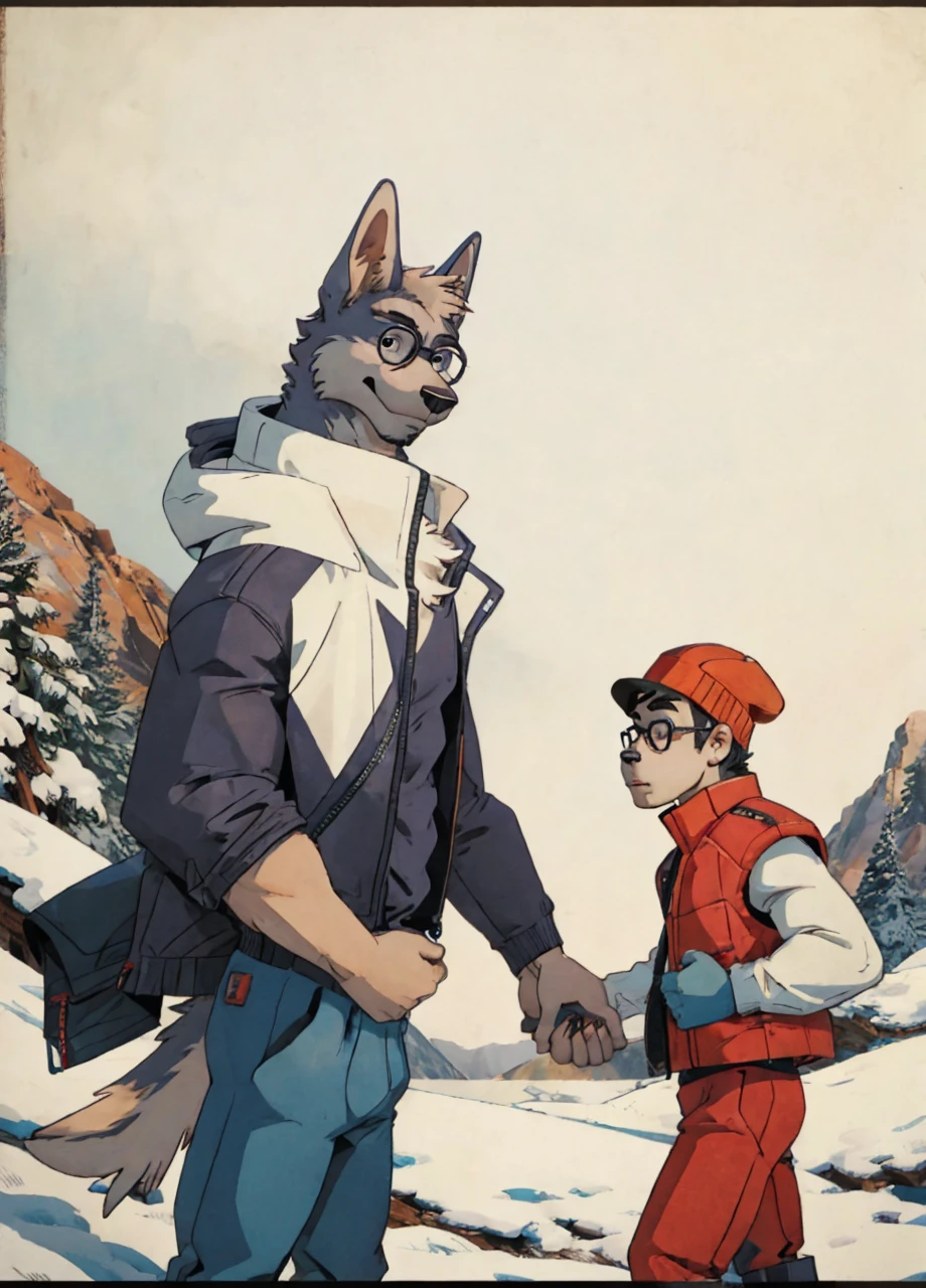 Engrilklenus, husky dog, anthro, arctic, strong, muscular, leather jacket, winter pants, snow boots, tail, white paws, black and white fur, Jamie Wonderson, human being, boy, , skinny, brown t shirt, red vest, brown hat, round glasses, grey sweatpants, holding hands together as friends, eyes between. 