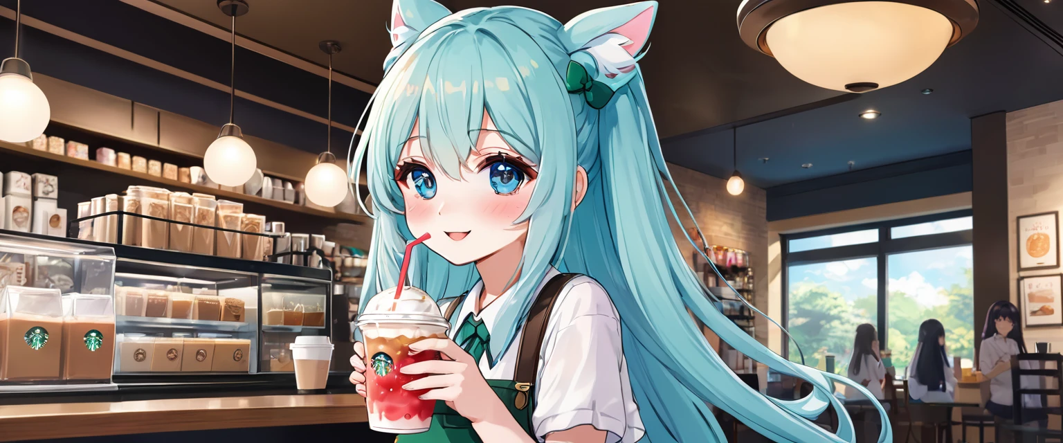 アニメのちびキャラ drinking starbucks coffee with a straw in her hand, A lively Starbucks interior、Light blue long hair、Twin-tailed anime chibi character、A cute anime chibi character with a bright smile,  (Anime Girls), Cute girl anime visuals, Mysterious Coffee Shop Girl, young Anime Girls, Beautiful anime art style, Anime illustration, beautiful Anime Girls, Drink strawberry iced latte