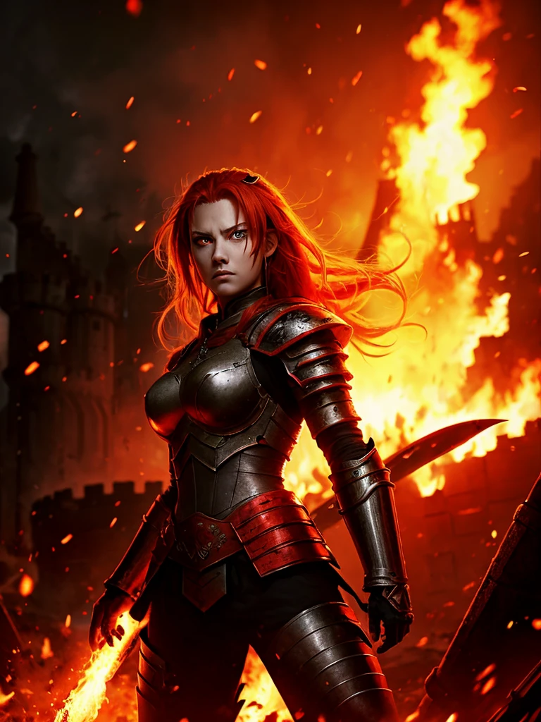 A female warrior with heavy armor, red hair, yellow eyes, a black and red sword, a background of a burning castle and corpses