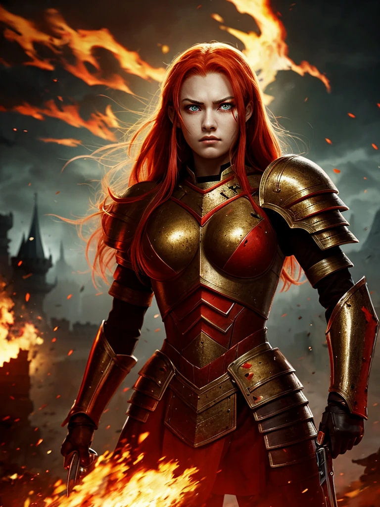 A female warrior with heavy armor, red hair, yellow eyes, a black and red sword, a background of a burning castle and corpses