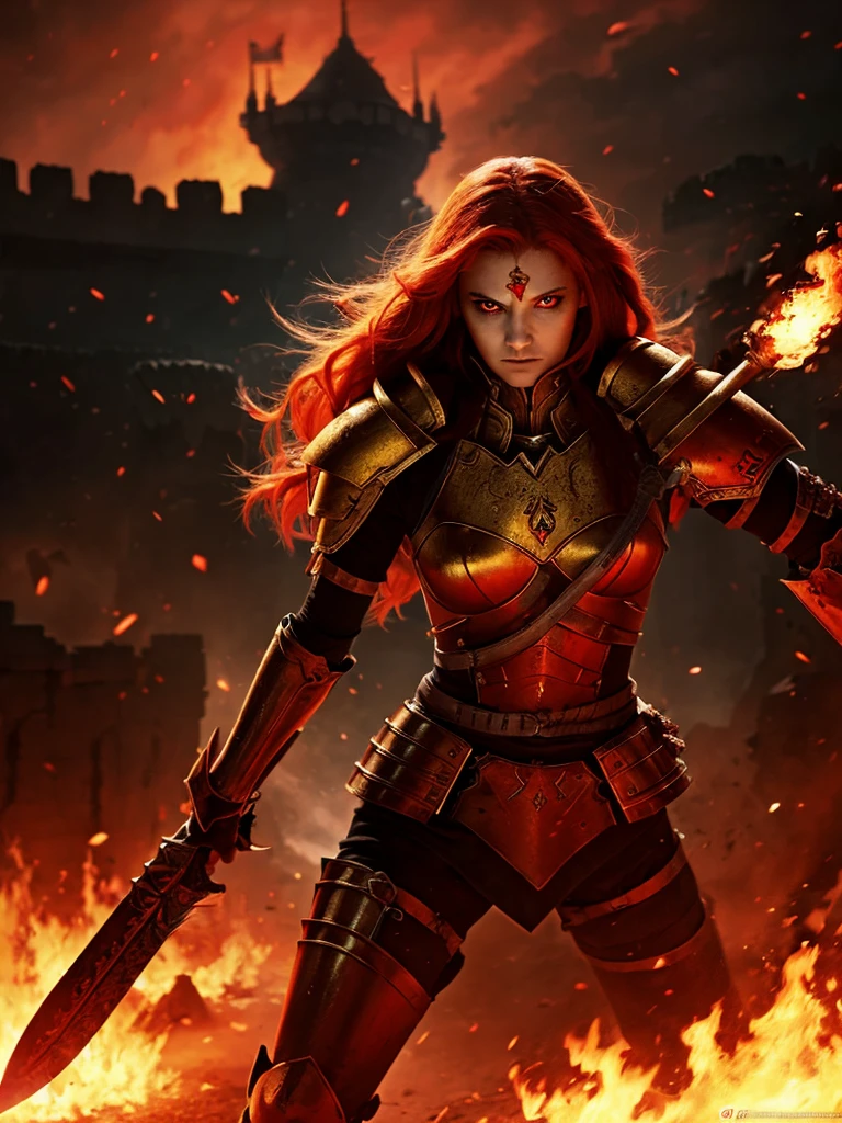 A female warrior with heavy armor, red hair, yellow eyes, a black and red sword, a background of a burning castle and corpses