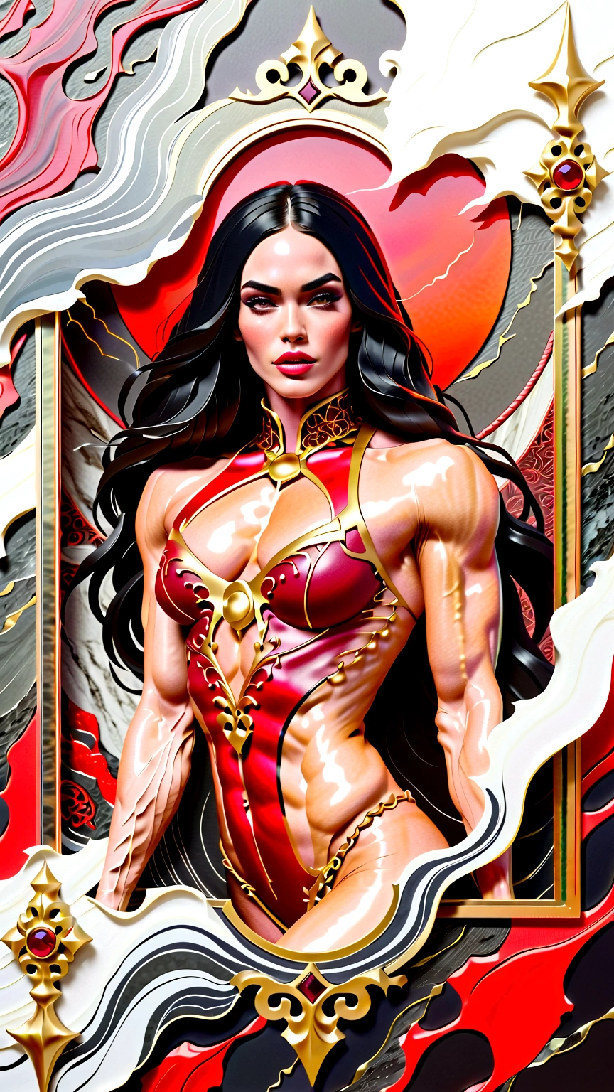 a beautiful illustration of megan fox as a very muscular vampire girl in an abstract marble texture with a tarot style frame, with colors of obsidian black, shiny gold, and ruby red, highly detailed, intricate design, BY Anne Bachelier,
