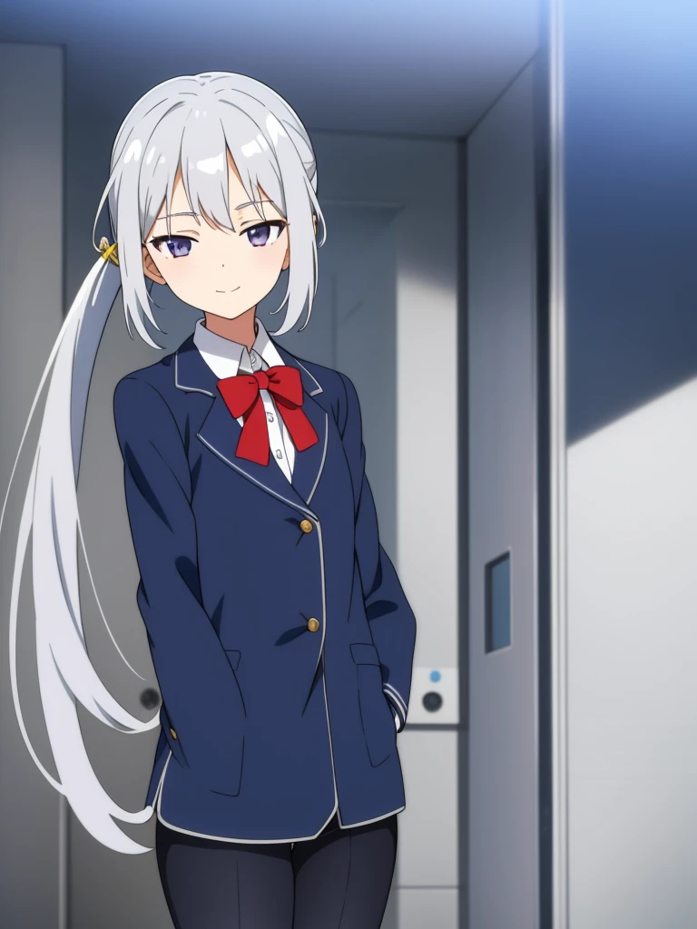 1girl, anime girl, silver hair, long twintails, silver eyes, dark blue school suit, closed mouth small smile, small closing eyes