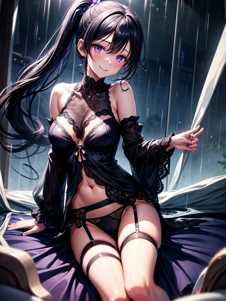 Highest quality,Highest Resolution,4K quality,寝室で大きな窓の外の都市の豪rainの夜景を眺める下着姿のsmileの女性の横顔,Jet black ponytail,Dark room,Sexy Lingerie,Many water drops on the window,garter belt,High leg,Purple underwear,Knee-high stockings,rain,豪rain,雷rain,smile,Landscape,
