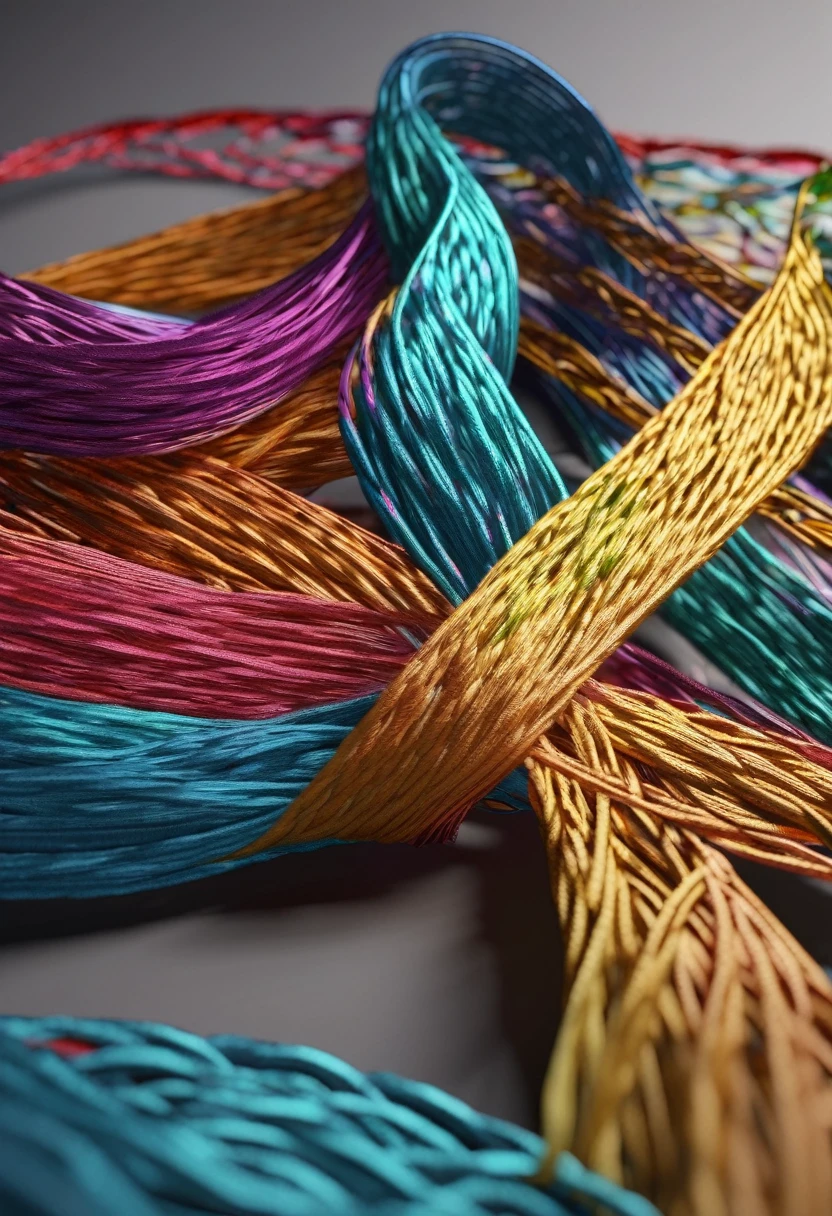 colored threads becoming woven ribbon, render, 8k