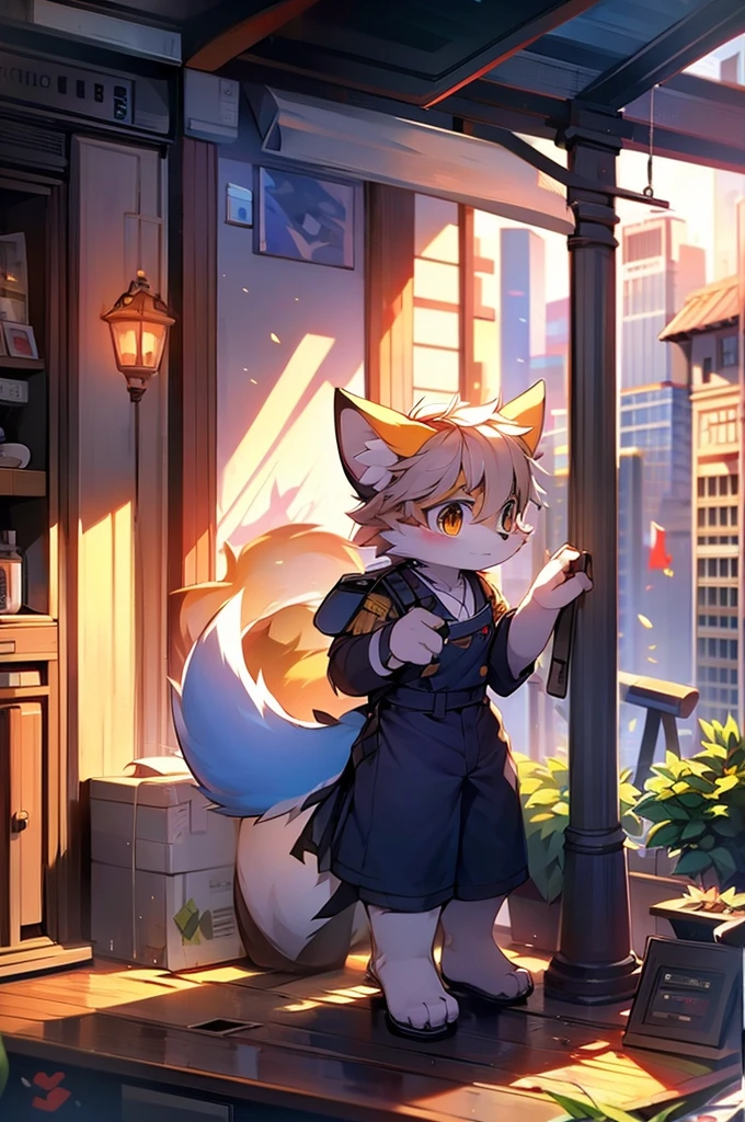  fox motif, boy, uniform,expensive，One person，Stand up on your own feet，expensive，Cityscape，expensive