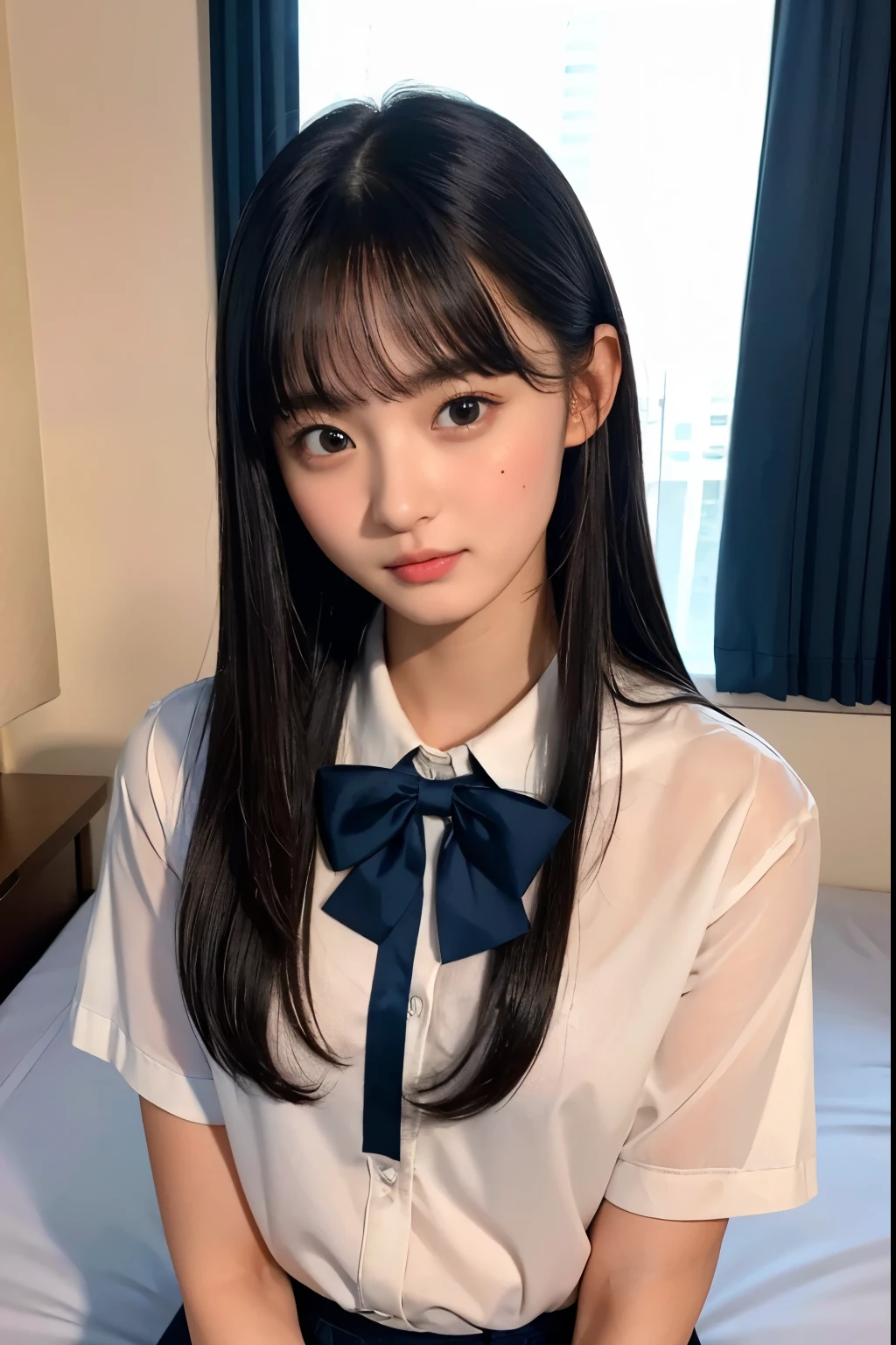 (Highest quality:1.3)、(Masterpiece:1.4)、Raw photo、8K、(Highest Resolution)、(Highest quality)、high resolution、Beautiful face in every detail、Realistic human skin、long hair、Straight Hair、(beautiful girl:1.4)、(the most beautiful girl in school:1.3)、Realistic、(One Woman:1.4)、Photorealistic、With bangs、((Beautiful Hair))、(Small face)、cute、(High school girls)、JK Uniform、(Schoolgirl Uniform)、White shirt、Navy blue bow tie、JK Ribbon、Dark blue pleated skirt、(Blushing:1.3)、((She's in love))、looking at the camera、(bed、Bedroom、window)、(sexual excitement)、(I want to be your girlfriend)、[[[smile]]]