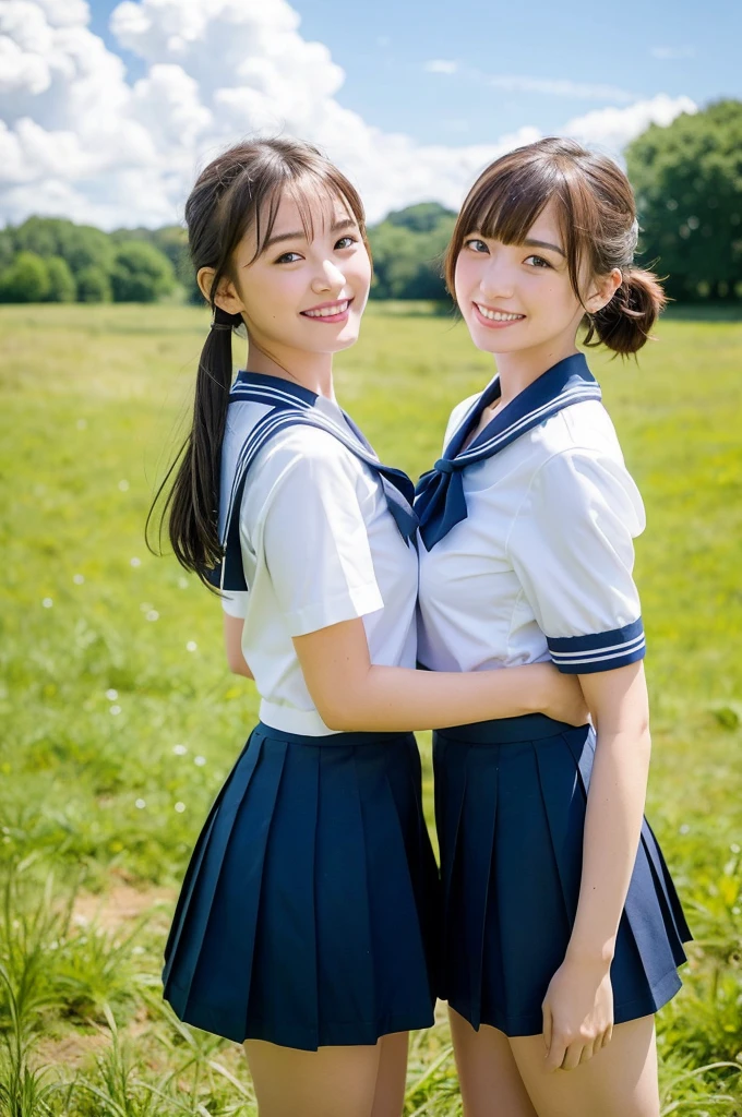 2 girls hopping in rural field,cumulonimbus cloud in summer blue sky,white sailor shirt,flipped up navy blue pleated skirt,white panties,18-year-old,bangs,a little smile,thighs,knees,short hair with low pigtails bunches,from beside,front light