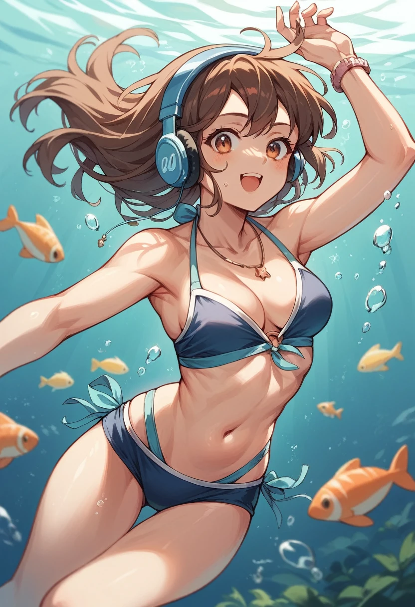 Girl wearing headphones,Brown Hair,One girl,Sparkling underwater,Swimwear with less exposure