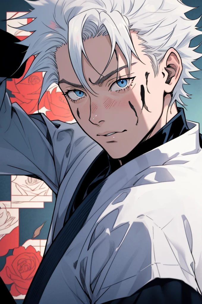 A boy, naughty man, adolescent, white hair, blue colored eyes , posing, in the costume of the jujutsu school of jujutsu kaisen, with messy hair
