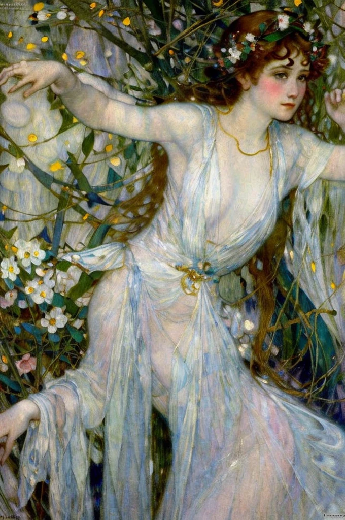 Depicts a beautiful woman with flowers in her hair、Highly detailed watercolor painting, The style of Alfons Maria Mucha and Gustav Kirmut, Art Nouveau accents, Fairy Princess, Anthropomorphic woman, Female figure, detailedな表紙アートワーク, As the Flower Goddess, Alphonse Mucha, Gustav Klimt, Pale skin, Marble sculpture, society, Gothic art, Art Nouveau, Behance Contest Winner, Cleavage,(masterpiece) (Highest quality) (detailed) (8K) (High resolution) (wallpaper) (Cinema Lighting) (Sharp focus)