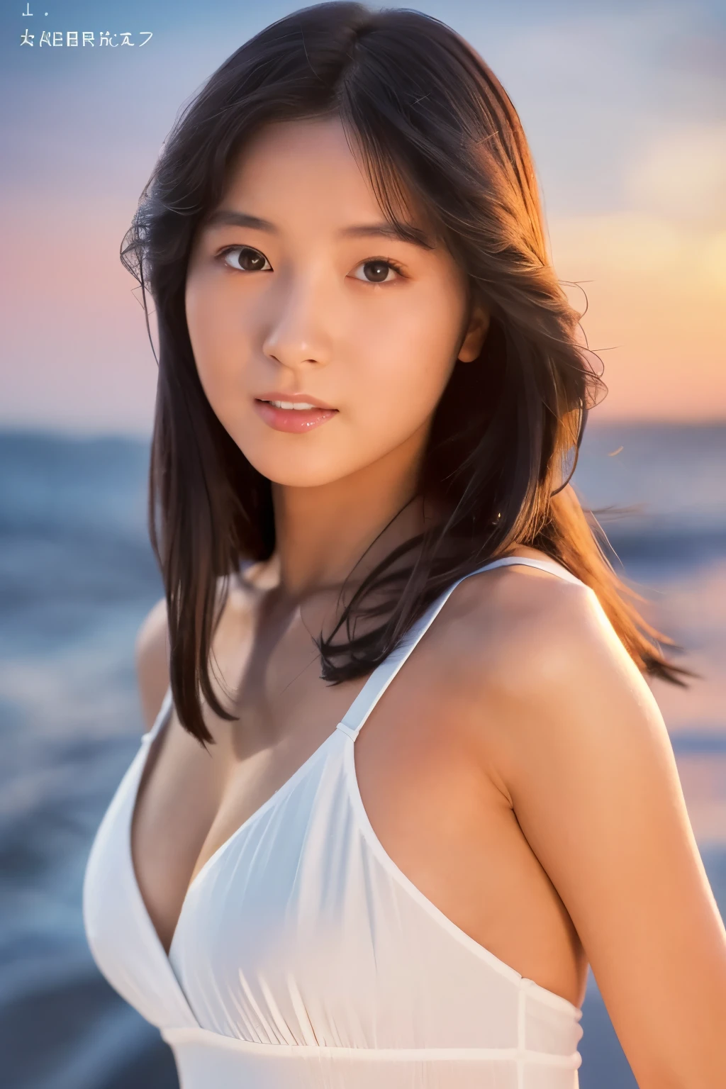 Create a high-quality, hyper-realistic portrait of a very beautiful Japanese idol. She is wearing a clean white summer dress and is squatting on the beach during sunset at sea. The deep indigo of the night sky contrasts with the last vestiges of crimson near the horizon, with swaying waves in the background. The girl has semi-long hair and a slender body with small breasts. The photo should capture her with detailed eyes, a detailed face, and a beautiful, sophisticated nose. The image should have a realistic, delicate, and finely detailed quality, suitable for a fashion magazine cover. Use cinema lighting and soft light to enhance her features. Ensure the photo is of the highest quality, with a resolution of 8K, making it perfect for a 2K wallpaper.