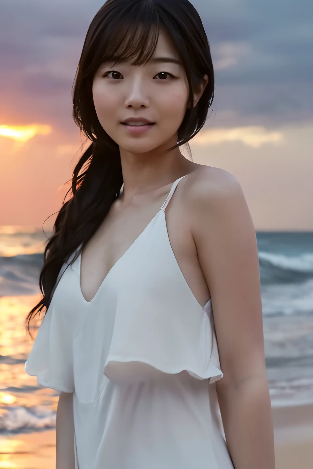 Create a high-quality, hyper-realistic portrait of a very beautiful Japanese idol. She is wearing a clean white summer dress and is squatting on the beach during sunset at sea. The deep indigo of the night sky contrasts with the last vestiges of crimson near the horizon, with swaying waves in the background. The girl has semi-long hair and a slender body with small breasts. The photo should capture her with detailed eyes, a detailed face, and a beautiful, sophisticated nose. The image should have a realistic, delicate, and finely detailed quality, suitable for a fashion magazine cover. Use cinema lighting and soft light to enhance her features. Ensure the photo is of the highest quality, with a resolution of 8K, making it perfect for a 2K wallpaper.