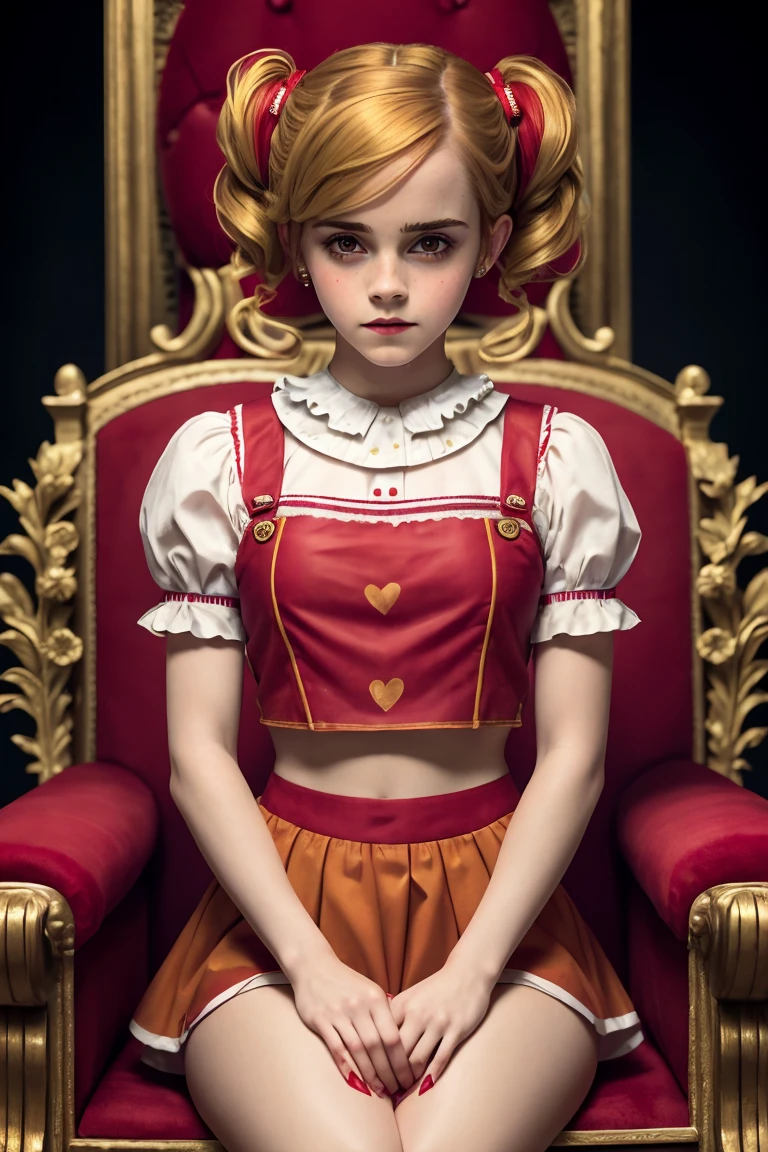 masterpiece. a beautiful emma watson dressed as girl clown with red paint. blonde, twintails. intricate tight short uniform, crop top. dark ambient. on a royal throne.