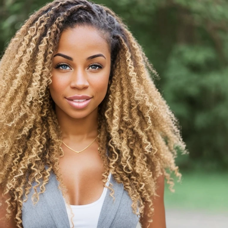 Light skin biracial woman with golden blond hair and brown eyes