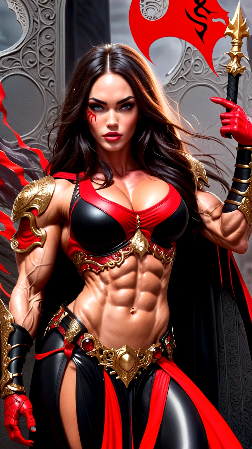 (megan fox:1.25), (muscular:1.5), (full body view:1.25), (red and black colors:1.46), (woman:1.1),(very muscular bodybuilder girl:1.25), (huge upper body:1.25), (narrow hips:1.0), long hair, (gothic intricate ornate vampiric armor:1.25), (gauntlets:1.0), (shoulder armor:1.1), ((tarot style frame:1.25)), (glowing red eyes:1.25), (huge muscular arms:1.5,), (10-pack abs:1.4), (lots of veins:1.25), (horror:1.0), (esoteric:1.1), (solo:1.4), (dynamic angle:1.0), (cowboy shot:1.0), thin legs, Realistic, Very detailed face and eyes, (masterpiece:1.1), (best quality:1.1), (ornate:1.1), (beautiful girl face:1.25)