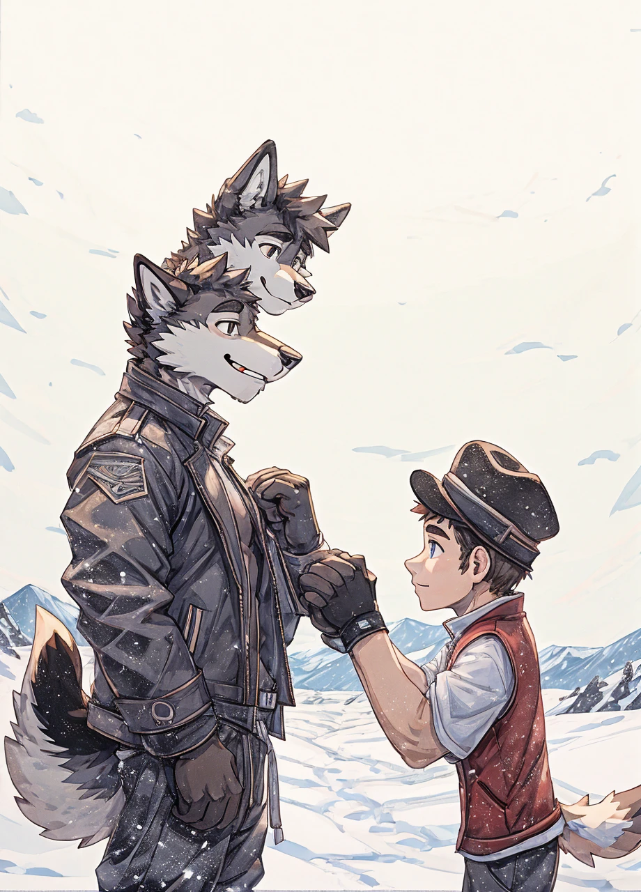 Engrilklenus, husky dog, arctic, strong, muscular, leather jacket, winter pants, snow boots, tail, white paws, black and white fur, Jamie Wonderson, human being, boy, , skinny, brown t shirt, red vest, brown hat, round glasses, grey sweatpants, holding hands together as friends, eyes between. 