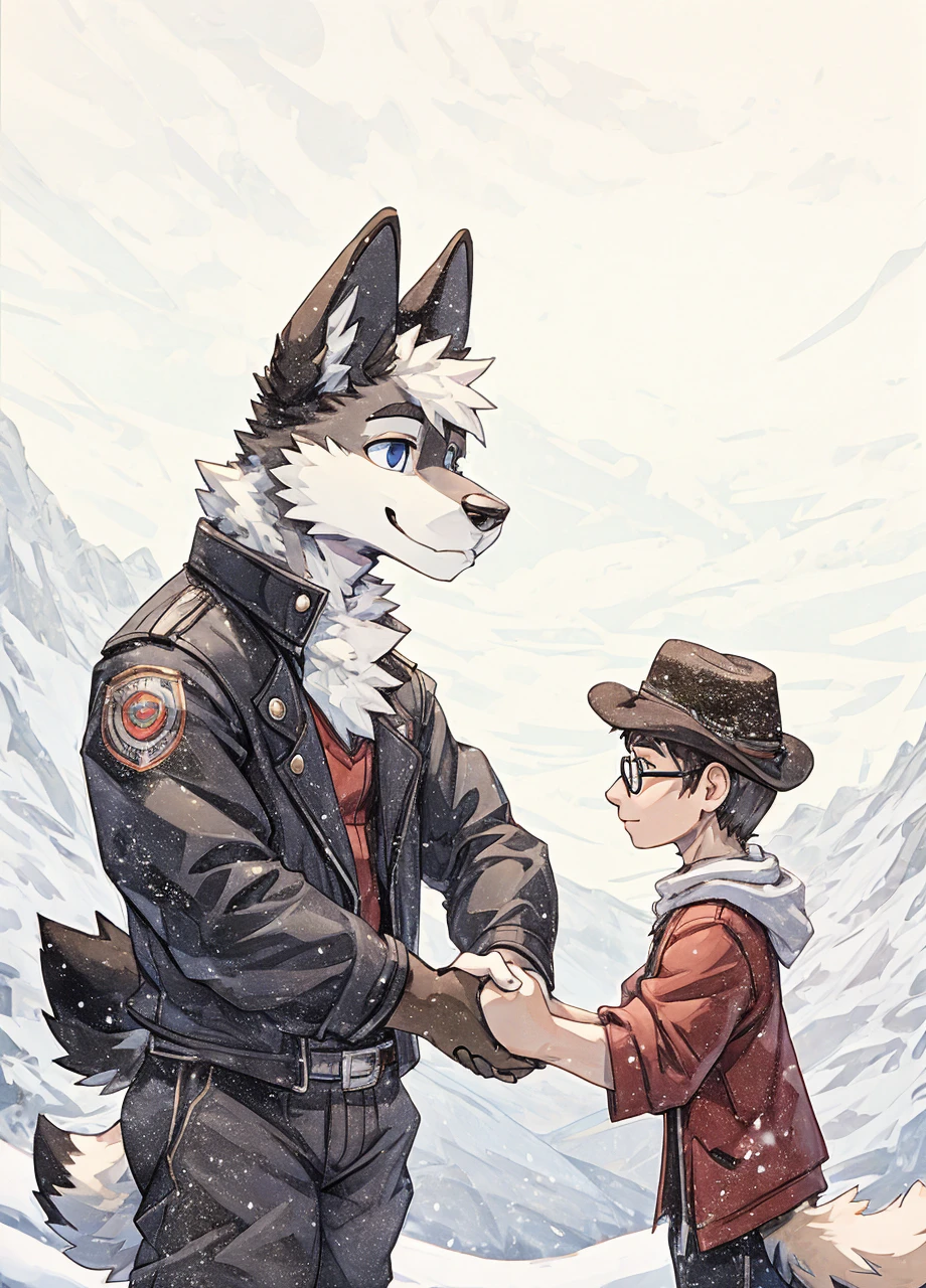 Engrilklenus, husky dog, arctic, strong, muscular, leather jacket, winter pants, snow boots, tail, white paws, black and white fur, Jamie Wonderson, human being, boy, , skinny, brown t shirt, red vest, brown hat, round glasses, grey sweatpants, holding hands together as friends, eyes between.