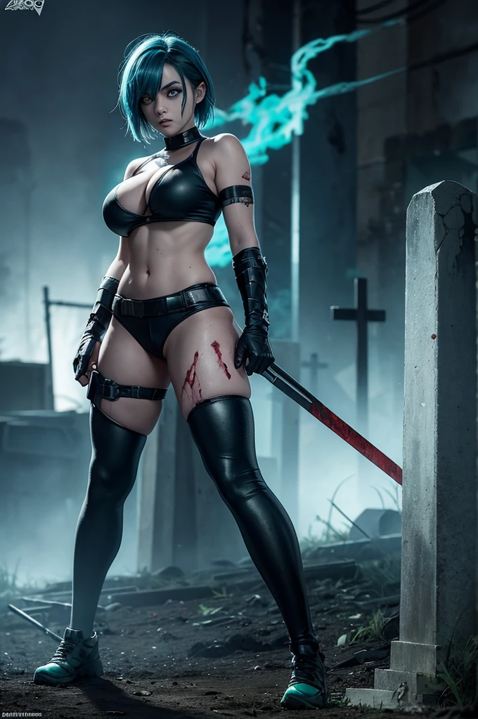 zombie girl teal skin, huge breasts, torn swat clothing, combat shorts, black gloves, blood stains all over her body, blue hair, glowing green eyes, posing as a villain, battle pose (((stance))) , cemetery background , full body focus, hdr.