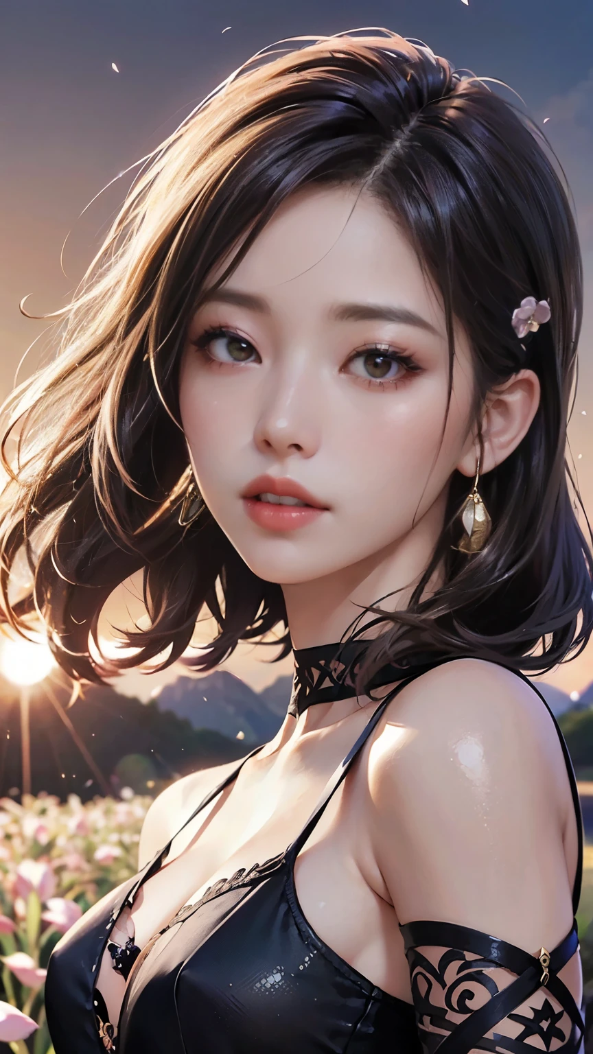 (logo、masterpiece、32k、Tabletop、RAW Photos、wonderful、最high quality、Photorealistic and very detailed CG integrated 8k wallpaper、high quality、Very detailed、Narrative poem、Particle Effects、Dynamic Effects、Written boundary depth、Cinematic Light、Lens flare、Ray Tracing)、Fantasy、 (One beautiful woman、dress、dress、Cherry blossom pattern、Black-haired、Beautiful Face、True Face、Beautiful details、eye、Beautiful Skin)、My hair dances in the wind、Hair flutters in wind、Hair bounces、Pink cherry blossom tree、Petals fluttering、SakuraFubuki、Wonderful views、sunrise、Sun in the background、wind、The shoulders have exposed skin,live-action,Traditional indigo clothing,