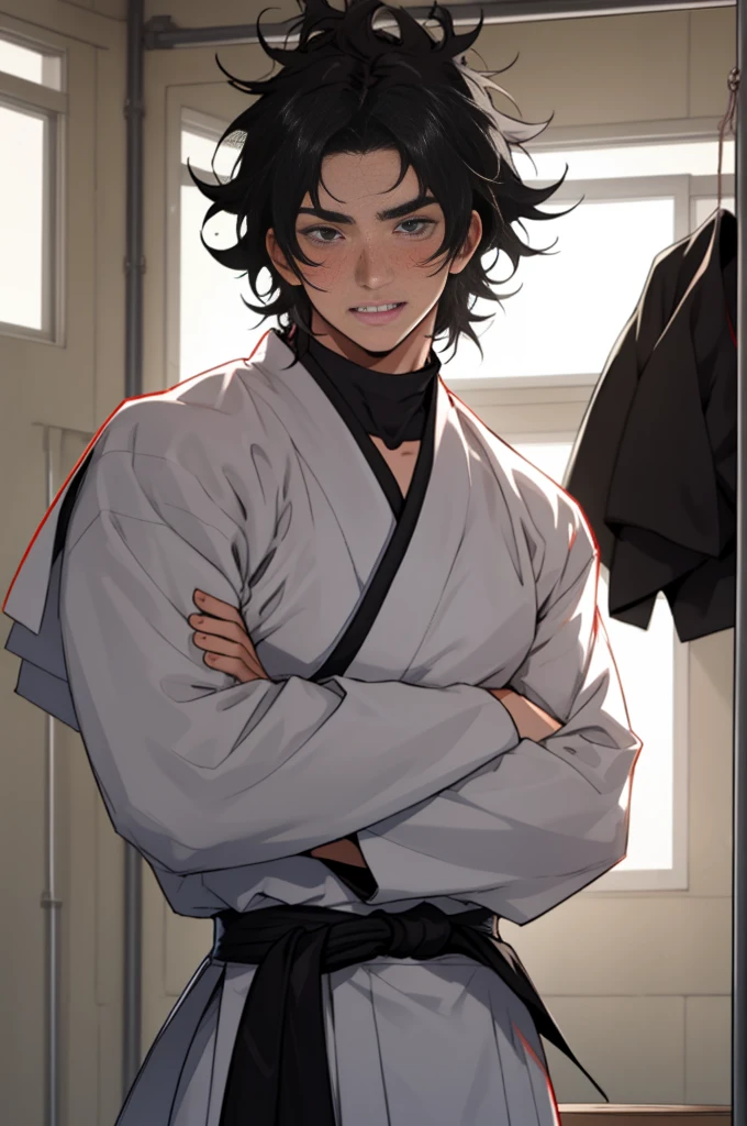 A boy, naughty man, adolescent, black hair, gray eyes, posing, in jujutsu school attire, with messy hair
