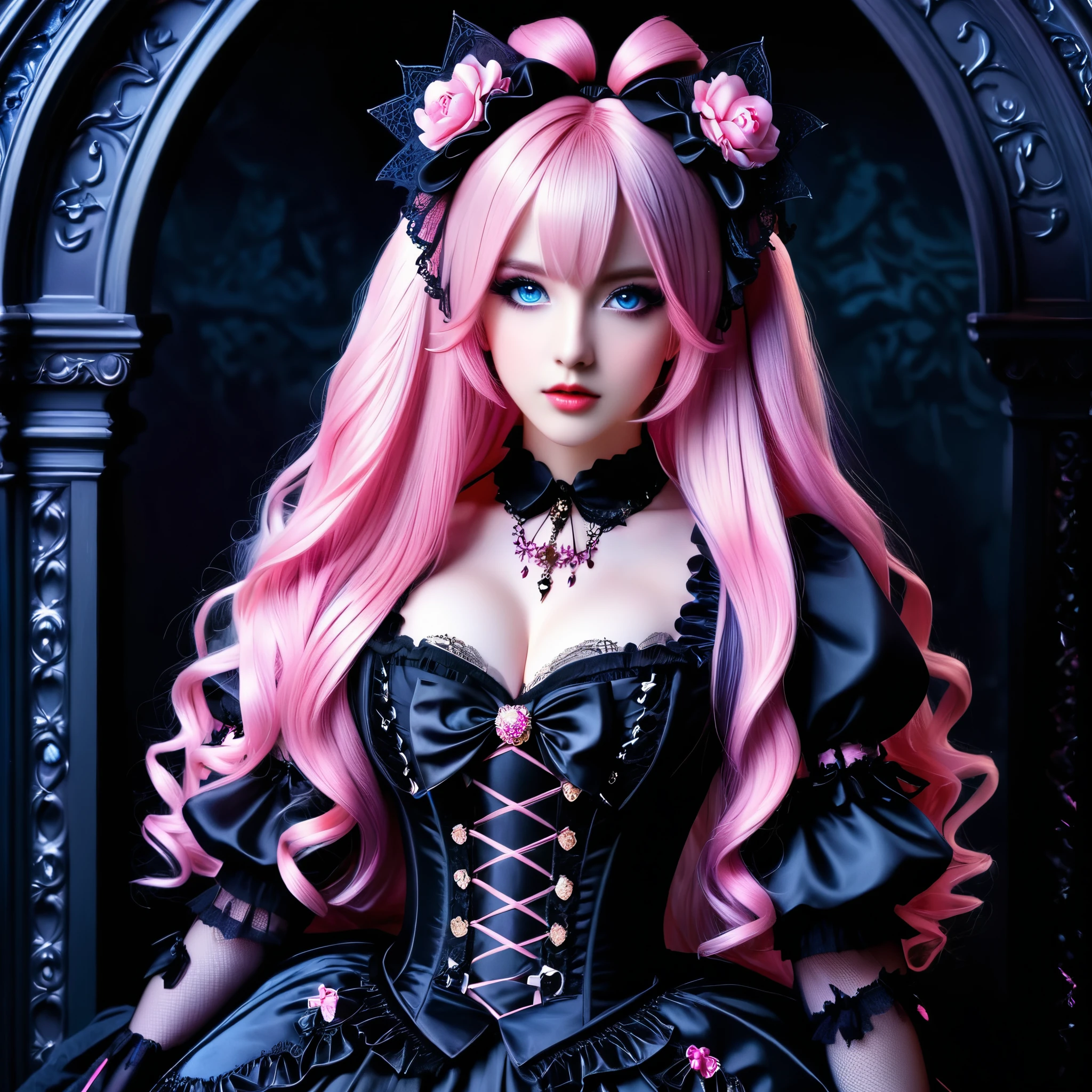 A hyper-realistic gothic lolita with blue eyes and long pink hair, dressed in elaborate gothic attire with a dark, mysterious background.