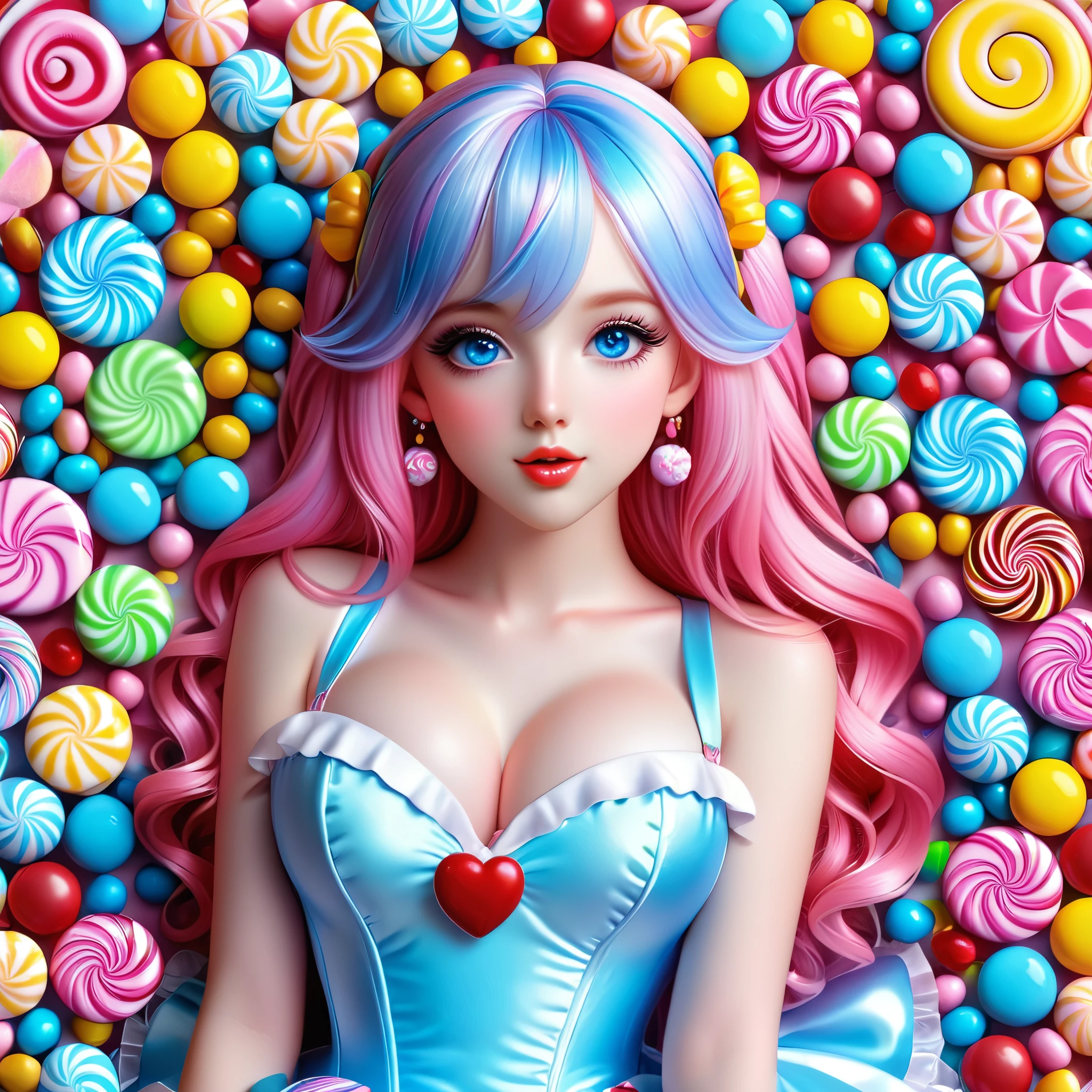 A hyper-realistic whimsical candy girl with blue eyes and long pink hair, surrounded by colorful candies and sweets.