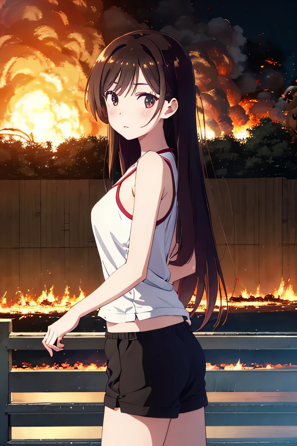 masterpiece, Highest quality, High resolution、Chizuru Mizuhara、One Girl、Straight Hair、Mid-chest、Black tank top、Sexy black shorts、at night、fence、Military base exploding in flames、Building on fire