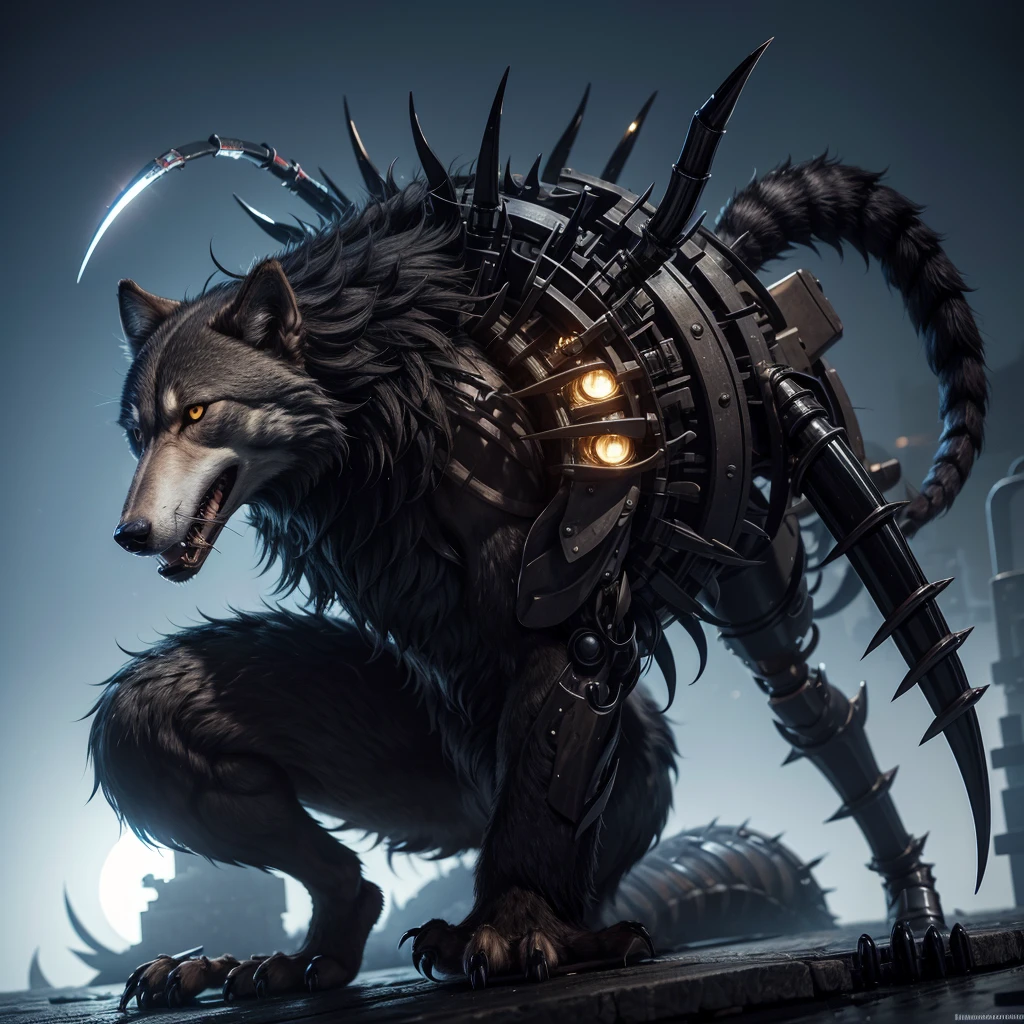 Furry male wolf with a mechanical scorpion tail and mechanical claws 