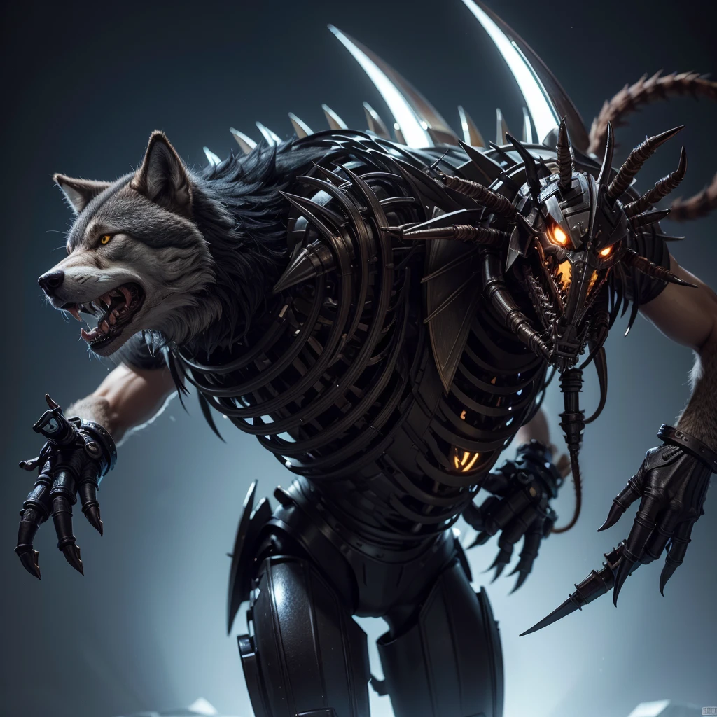 Furry male wolf with a mechanical scorpion tail and mechanical claws 