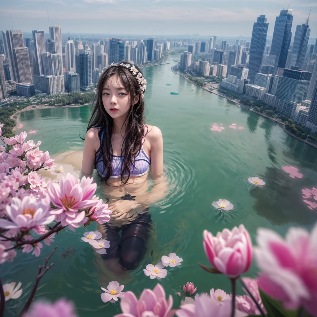 280th floor infinity pool,The tallest building in the urban forest, {Around bonsai|Luo Han Song|coconut palms|tulips|Rose flower}, ExtermlyDetaild(ProfessionlPhoto of Girl floating in the sky:1.37)(Masterpiece 8K TopQuality:1.2), (ExtremelyDetailed KAWAII face Eyes:1.28){ElaboratePupils with (SparklingHighlights:1.28)|DoubleEyelids with (Voluminous LongEyelashes:0.88)|RosyCheeks} BREAK Detailed impeccable Radiant PearlSkin with Transparency, Skinny(SchoolSwimwear:1.37) beautiful graceful {(HiddenHand)|(Corrected BabyLikeHand)} (Whole Body Proportions and all limbs are Anatomically Accurate), Full of Flowers