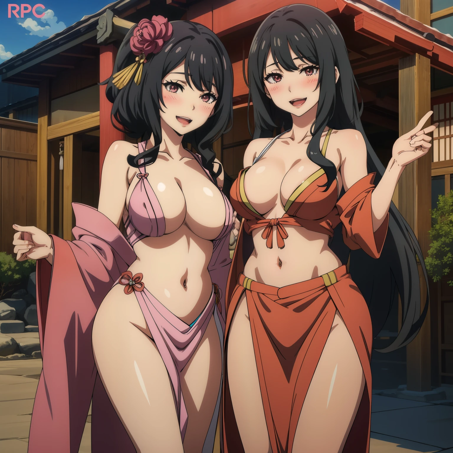 2girl, two girl ,long hair,mature female,makeup,eyelashes, blush, lipstick, masterpiece, best quality, highly detailed, a anime girls in kimono dress with a sword posing for a
picture, bare shoulder,open kimono, evil smile, open mouth, crop top , (nsfw) not safe for work, smile,
ecchi anime style, anime girls, ecchi style, ecchi, digital anime art!!, in anime style, official artwork, visual
novel cg, beautiful anime girl, anime style 4 k, kimono pencil skirt, exposed belly, exposed navel,
exposed midriff, exposed lower belly, outdoor, japanese architecture, temple