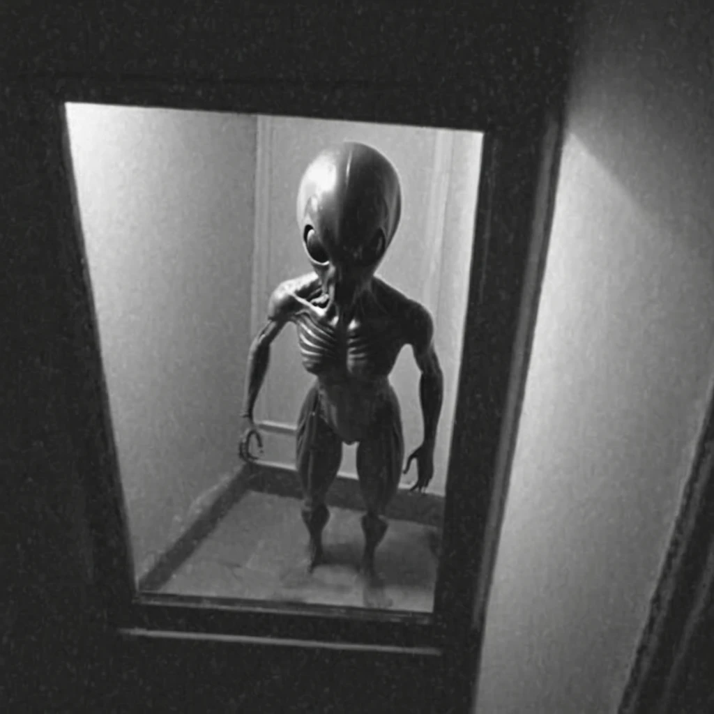 CCTV footage, CCTV footage from a scary alien by h r giger at night outside house looking into window, hidden camera, From  above,  monochrome, low quality,  silhuette. leave this image further away