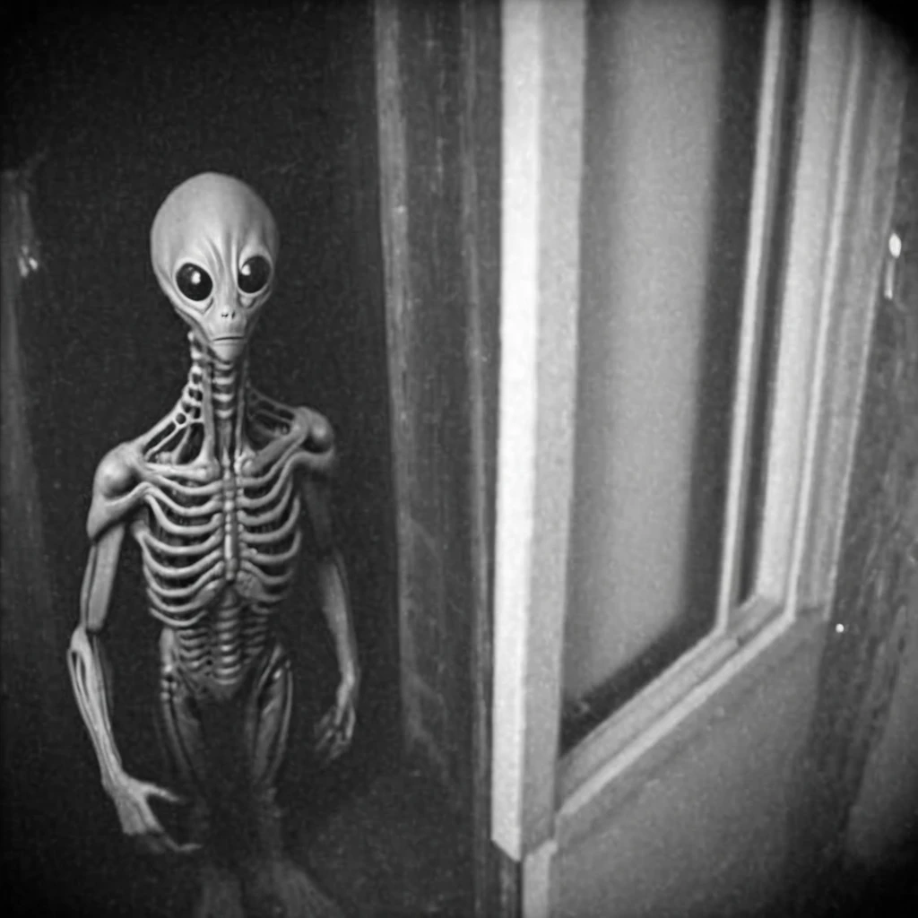 CCTV footage, CCTV footage from a scary alien by h r giger at night outside house looking into window, hidden camera, From  above,  monochrome, low quality,  silhuette. leave this image further away