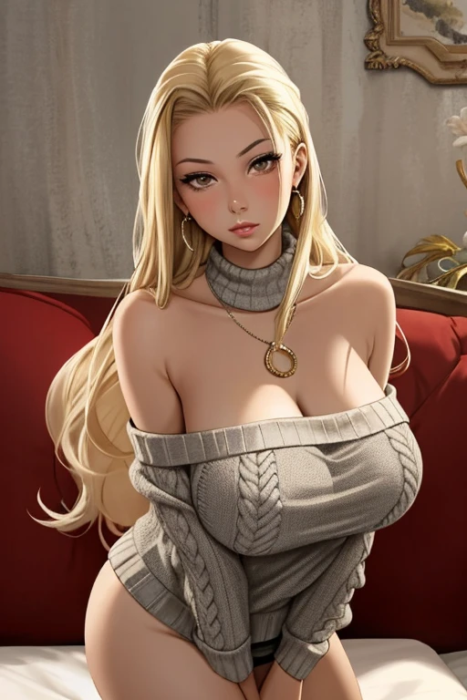 1girl in, 19, Solo, Long hair, Colossal tits, Looking at Viewer, blondehair, Bare shoulders, Brown eyes, jewely, Full body, a necklace, off shoulders, Sweaters, Realistic, A sexy