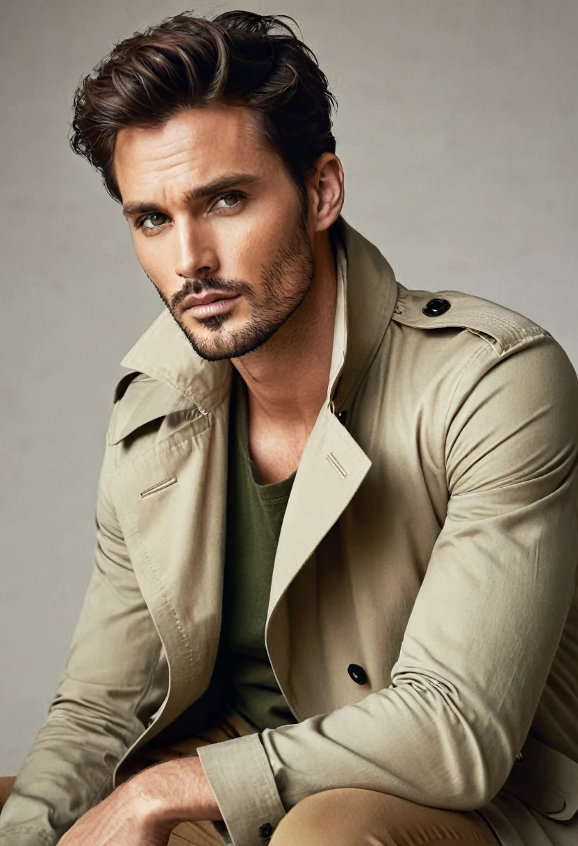 The image showcases a handsome man with a striking, smoldering look. He has dark, styled hair that is slightly tousled, framing a face marked by a strong jawline, high cheekbones, and intense dark eyes. He is sporting a light stubble beard that accentuates his features. His attire consists of a dark olive green henley shirt, partially covered by a stylish, oversized beige trench coat. The coat is draped casually over his shoulders, creating a sense of relaxed elegance. He is also wearing brown trousers, complementing the earthy tones of his overall look. The man is seated with one leg casually propped up, his hand thoughtfully touching his chin in a contemplative pose. His gaze is directed slightly away from the camera, adding an air of mystery and intrigue. The overall impression is one of sophisticated masculinity and effortless style.