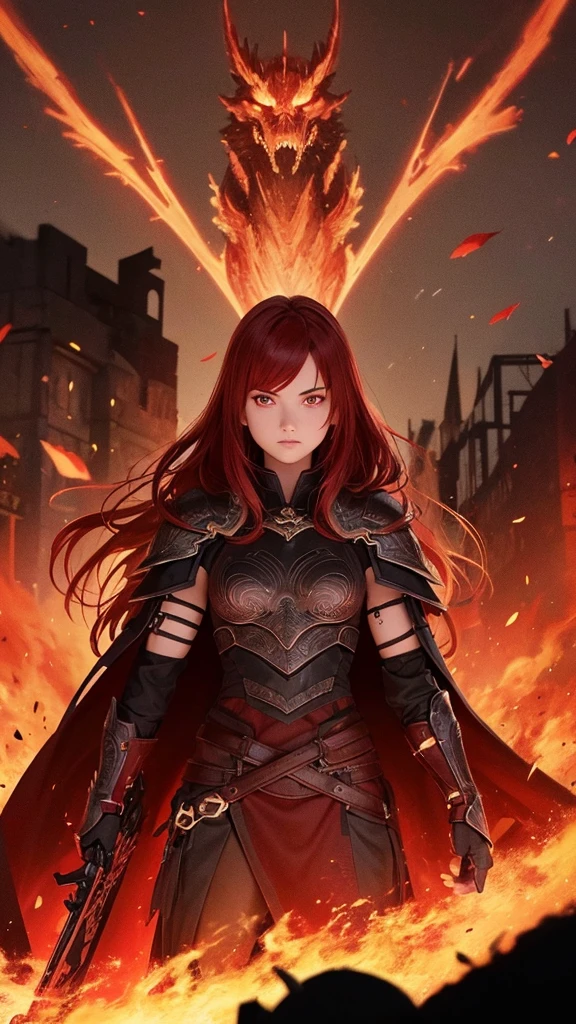 A warrior with dark black armor, red hair, yellow eyes, a black and red sword, a background of a burning castle and corpses.