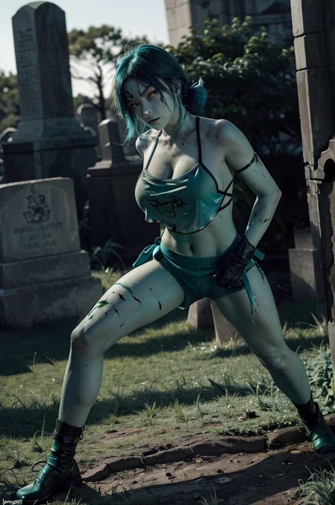 zombie girl teal skin, huge breasts, torn swat clothing, combat shorts, black gloves, blood stains all over her body, blue hair, glowing green eyes, posing as a villain, battle pose (((stance))) , cemetery background , full body focus, hdr.