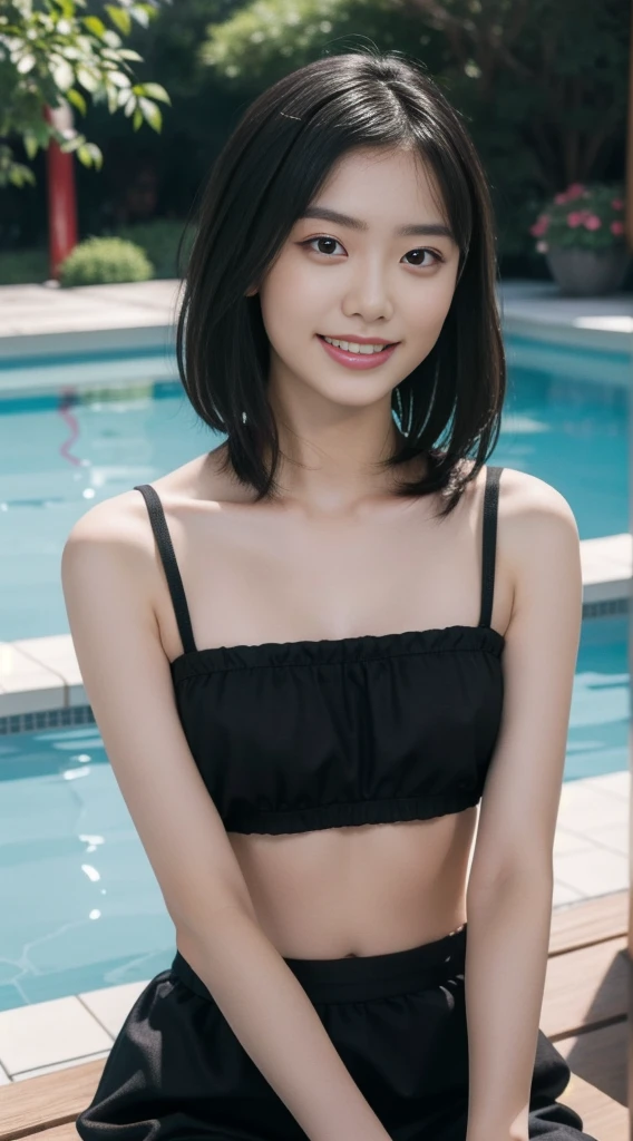 (RAW photo best quality) (realistic photo-realistic: 1.3) best quality masterpiece extremely delicate and beautiful extremely detailed CG unity 32k wallpaper amazing finely detailed masterpiece light smile best quality CG unity 32k wallpaper huge filesize ultra-detailed highres extremely detailed 1girl chinese girl slim body slender abs huge breasts looking into camera (delicate crop top:1) (high-waisted short skirt:1) (short hair) (black hair) sharp focus hyperrealism in swimming pool