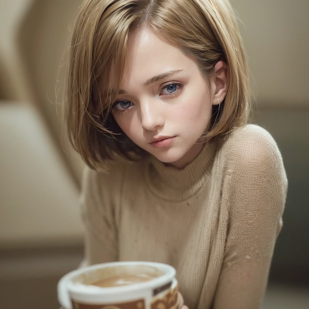 (Masterpiece:1.3), (8k, photorealistic, photo and gross, Best Quality: 1.4), (1 girl), beautiful face, (realistic face), (by the cafe, short hair:1.3), beautiful hairstyle, realistic eyes, Beautiful detailed eyes, (realistic skin), Beautiful skin, (sweater), absurdities, attractive, ultra high resolution, ultra realistic, Very detailed, golden ratio, blue eyes