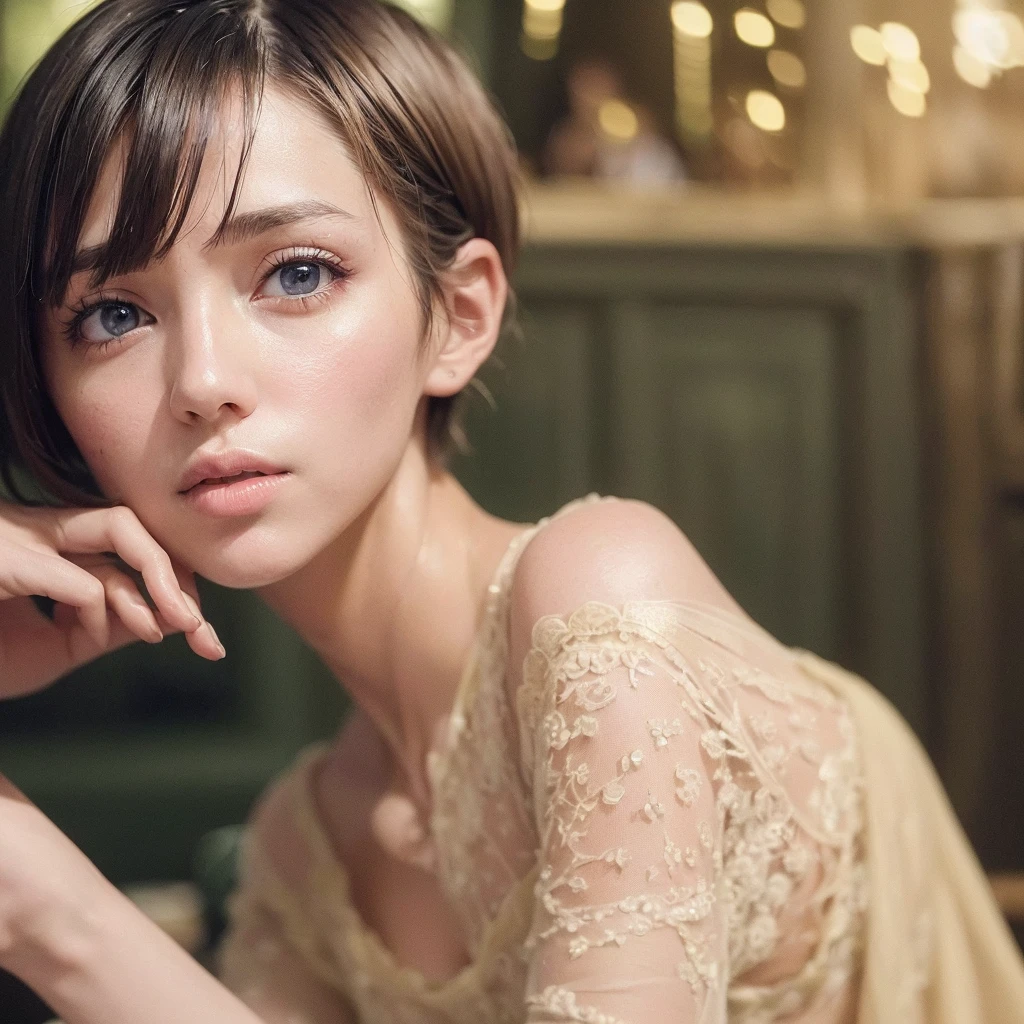 (Masterpiece:1.3), (8k, photorealistic, photo and gross, Best Quality: 1.4), (1 girl), beautiful face, (realistic face), (by the cafe, short hair:1.3), beautiful hairstyle, realistic eyes, Beautiful detailed eyes, (realistic skin), Beautiful skin, (sweater), absurdities, attractive, ultra high resolution, ultra realistic, Very detailed, golden ratio, blue eyes