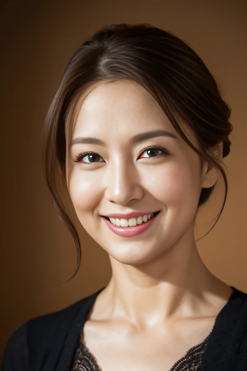 Masseter Film, Highest quality, masterpiece, High resolution, realism, Original photo, 8k wallpaper, perfection, Professional Lighting, Very detailed, Written boundary depth, ((Beautiful woman)), ((40-year-old woman)),, ((smile)), Detailed face, Beautiful Eyes,, (Thick lips), A photo of your face,Put your hair up and expose your neck