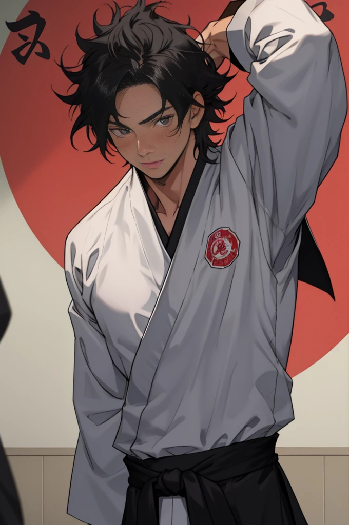 A boy, naughty man, adolescent, black hair, gray eyes, posing, in jujutsu school attire, with messy hair