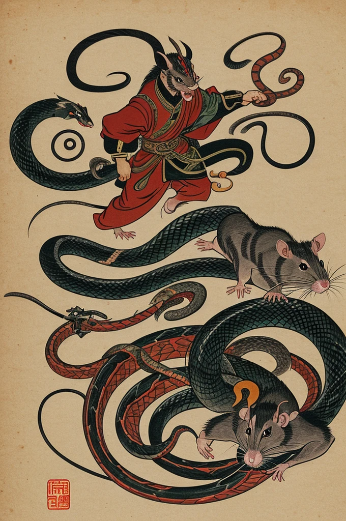 Generate an image of Half-Rat Man, half snake and half devil In the style of Chinese illustration