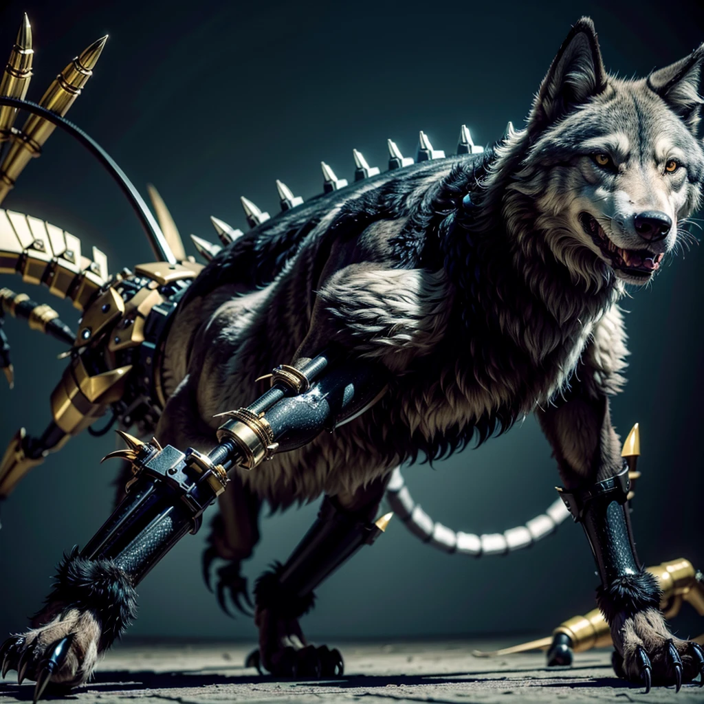 Furry male wolf with a mechanical scorpion tail and mechanical claws