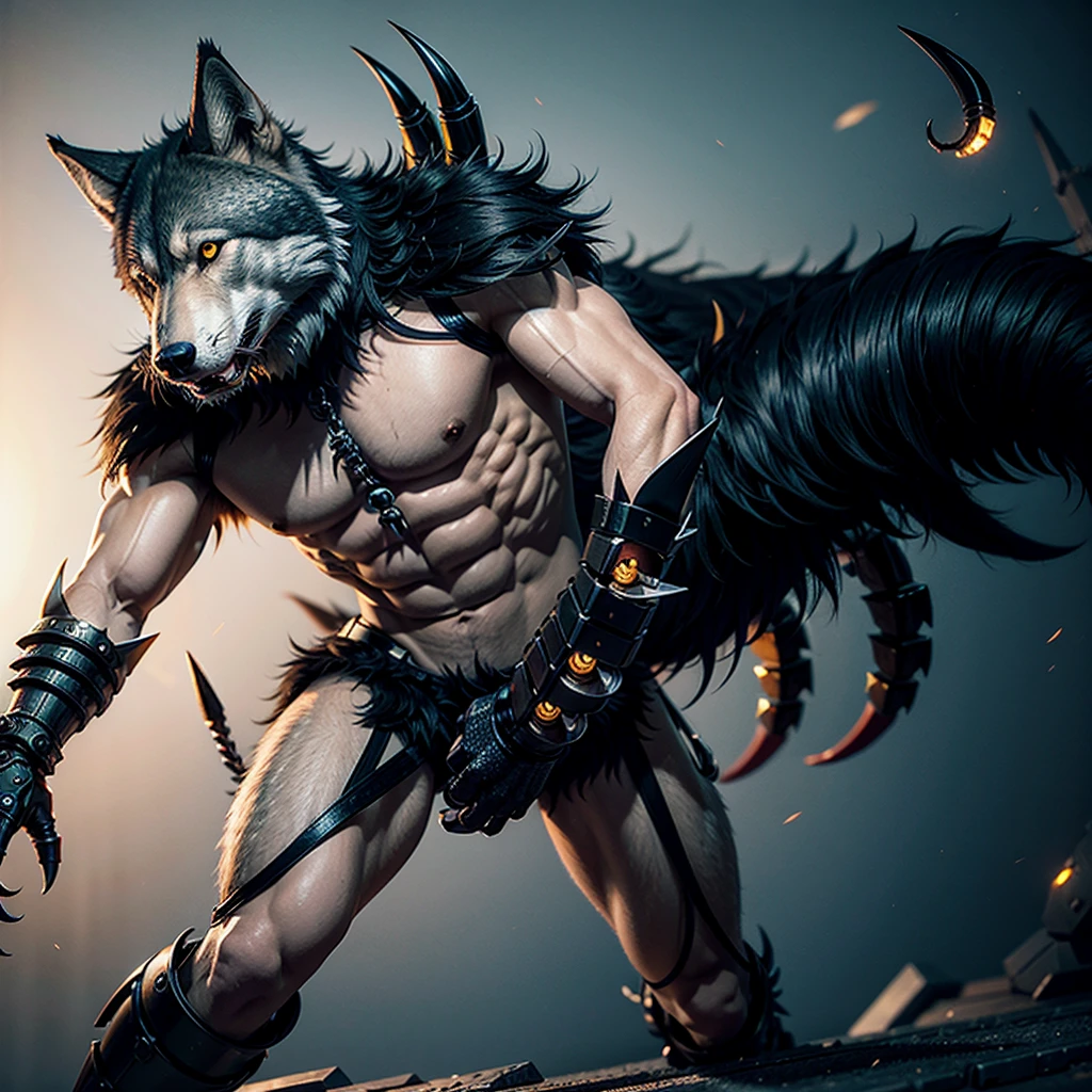 Furry male wolf with a mechanical scorpion tail and mechanical claws 