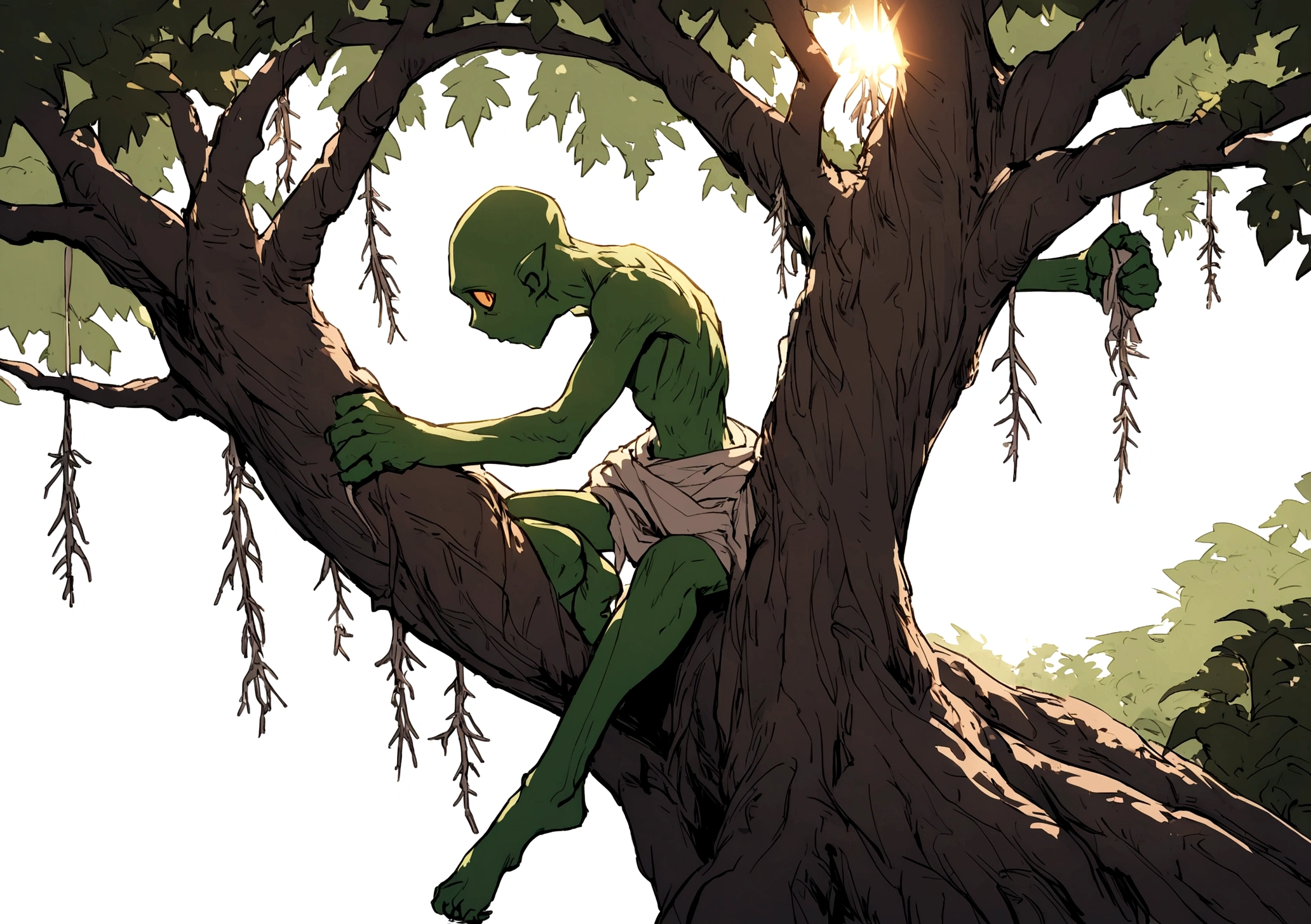 fantasy medieval goblins scary small green no armour no cloths looks savage and barbaric wearing cloth around his waist scary looking full body turn around skinny no muscles, white background tiny boney hanging in a tree
