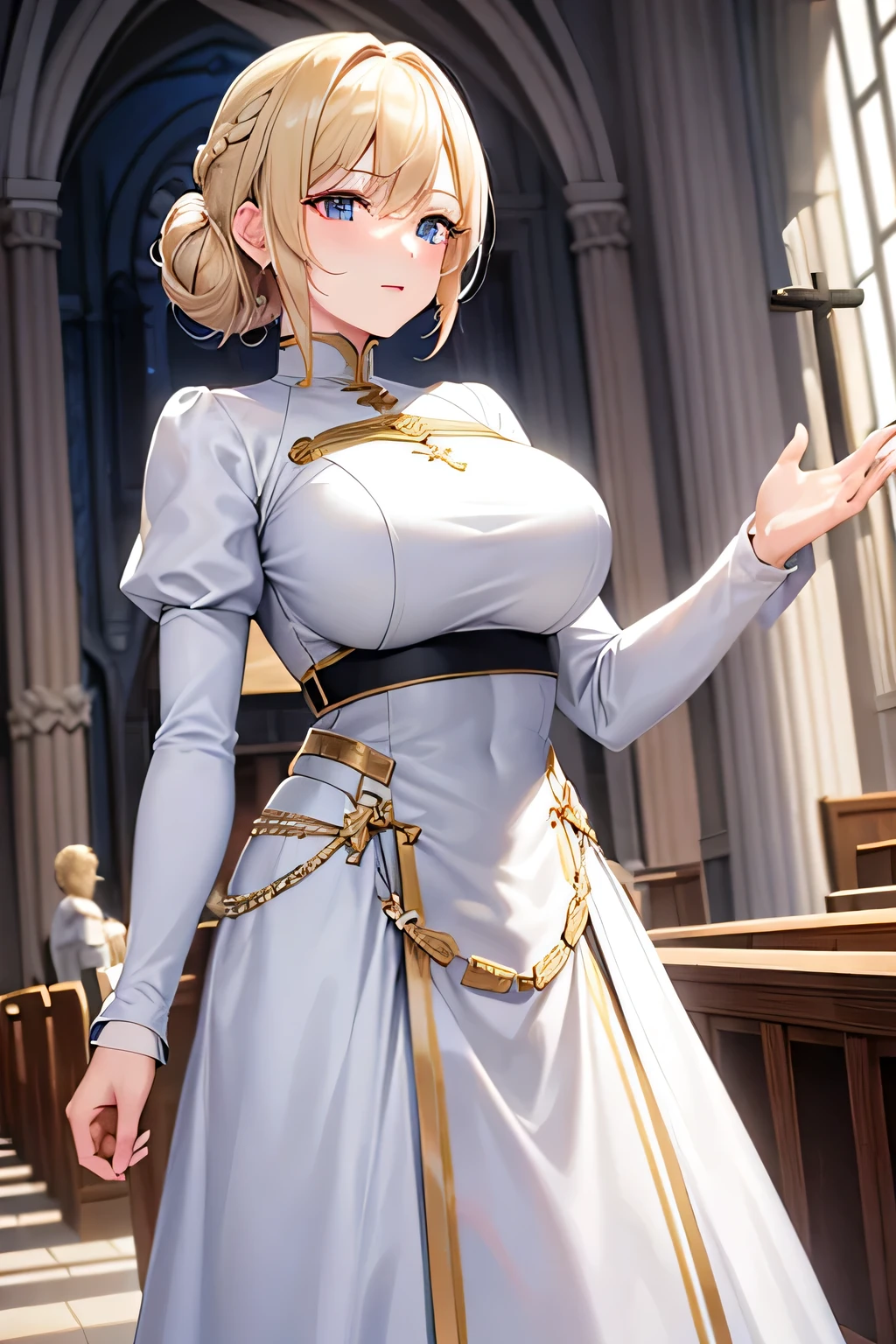 Beautiful 20 year old woman, blond updo, holy knight, Pure white armor、church、Are standing